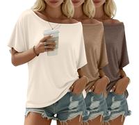 Riyiper 3 Pack Women's Off the Shoulder Shirts, Loose Fit Flowy Tops Short Sleeve Casual Summer Tshirt Athletic Workout Tunic(Cream, Khaki, Light Coffee,Small)