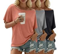 Riyiper 3 Pack Women's Off the Shoulder Shirts, Loose Fit Flowy Tops Short Sleeve Casual Summer Tshirt Athletic Workout Tunic(Light Coral Powder, Light Gray, Dark Gray,Medium)