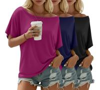 Riyiper 3 Pack Women's Off the Shoulder Shirts, Loose Fit Flowy Tops Short Sleeve Casual Summer Tshirt Athletic Workout Tunic(Fuchsia, Royal Blue, Pure Black,Medium)