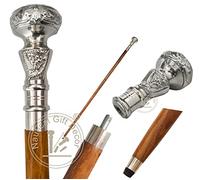 RIYLBEX 37 Inch Victorian Style Wooden Walking Stick Decorative Walking Stick for Men and Women with Metal Brass Handle, Silver
