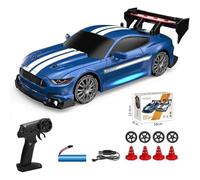 RIZAMZ RC Drift Car 4WD Remote Control Racing Car with Replaceable Drift Tyres, Neon Lights, Rechargeable, with 4 Cones, Gift for Boys and Girls (Blue Mustang)