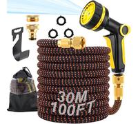 RIZENCE 100FT Expandable Garden Hose Pipe, Anti-Kink Flexible Expanding Garden Water Hose with 10 Function Spray Gun, 3/4" & 1/2" Brass Connectors, 4 Layer Latex Core 3750D Hosepipes for Garden