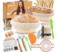 RIZENCE 21PCS Sourdough Starter Kit - Banneton Bread Proofing Basket Set, 9" Round & 10" Oval Proving Basket - 100% Natural Rattan - Complete Bread Making Accessories with Glass Sourdough Starter Jar
