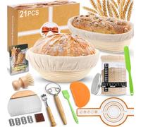 RIZENCE Sourdough Starter Kit, 21PCS Banneton Bread Proofing Basket Set, 9" Round & 10" Oval Proving Basket 100% Natural Rattan, Complete Bread Making Accessories with Glass Sourdough Starter Jar