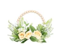 RIZGHWOY Boho Wreath Wood Beads Wreath Wooden Beads Artificial Peonies Hydrangeas Eucalyptus Silk Flower with Jute Rope (Champagne 9459)
