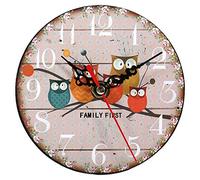 RIZGHWOY Vintage Round Wooden Wall Clock, Creative Owl Pattern Clock, Home Office Decor, for Stylish Life, Vintage Design (24)