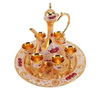 RIZGHWOY Vintage Turkish Coffee Pot Set, 6 Cups 1 Tray Zinc Alloy Rustproof Vintage Tea Service Set with Beautiful Carved Patterns Tray for Home Wedding (Gold White Red)