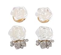 RIZGHWOY White Rose Button Covers, 4 Pack Metal ABS No Sew On Flower Button Covers for Clothing Bags DIY Craft, with Rhinestones for Women Wedding Dress Decoration