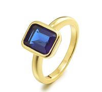RIZILIA CELEBOX Solitaire Engagement Ring with Emerald Cut Gemstones CZ [Blue Sapphire] in 18K Yellow Gold Plated, Celebrity Inspired by Angelina Jolie