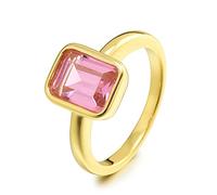RIZILIA CELEBOX Solitaire Engagement Ring with Emerald Cut Gemstones CZ [Pink Sapphire] in 18K Yellow Gold Plated, Celebrity Inspired by Angelina Jolie