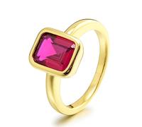 RIZILIA CELEBOX Solitaire Engagement Ring with Emerald Cut Gemstones CZ [Red Ruby] in 18K Yellow Gold Plated, Celebrity Inspired by Angelina Jolie