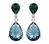 [RIZILIA CELEBOX] Teardrop Dangle Pierced Earrings with Pear Cut Gemstones CZ [Green Emerald & Blue Sapphire] in 18K White Gold Plated, Celebrity inspired by Angelina Jolie