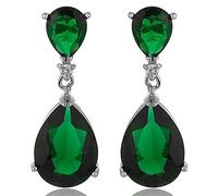[RIZILIA CELEBOX] Teardrop Dangle Pierced Earrings with Pear Cut Gemstones CZ [Green Emerald] in 18K White Gold Plated, Celebrity inspired by Angelina Jolie