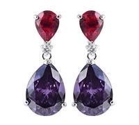[RIZILIA CELEBOX] Teardrop Dangle Pierced Earrings with Pear Cut Gemstones CZ [Red Ruby & Purple Amethyst] in 18K White Gold Plated, Celebrity inspired by Angelina Jolie
