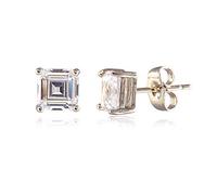RIZILIA CLASSIC 18K White Gold Plated Stud Earrings for Women - White Topaz April Birthstone 7mm Square Emerald Cut CZ, Hypoallergenic Solitaire Post Earrings with Premium Gift Box