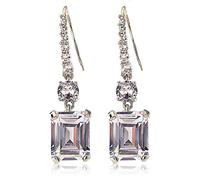 [RIZILIA CLASSIC] Dangle Drop Pierced Hook Earrings with Emerald Cut Gemstones CZ [White Topaz] in 18K White Gold Plated, Simple Modern Elegant