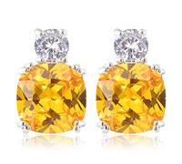 [RIZILIA CLASSIC] Stud Pierced Earrings with Cushion Cut Gemstones CZ [Yellow Citrine] in 18K White Gold Plated, Simple Modern Elegant