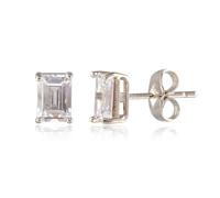 RIZILIA CLASSIC White Topaz Stud Earrings for Women - 18K White Gold Plated 7x5mm Rectangular Emerald Cut CZ, Hypoallergenic April Birthstone Solitaire Earrings with Premium Gift Box