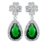 [RIZILIA CLOVER] Teardrop Pierced Earrings with Pear Cut Gemstones CZ [Green Emerald] in 18K White Gold Plated, Simple Modern Elegance