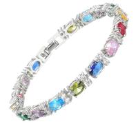 RIZILIA Eternity Tennis Bracelet for Women - 7" Oval Cut Simulated Multi Color Sapphire CZ, 18K White Gold Plated, Elegant Everyday Jewelry, Secure Fold Over Clasp, Gift Ready with Pouch