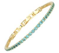 RIZILIA Not-Your-Basic Minimalist Tennis Bracelet for Women with 3mm Round Brilliant Cut CZ Simulated Aquamarine in 14K Yellow Gold Plated, 16.5cm Base +1.5/2.5cm Extenders to 18-19cm, Gift Boxed