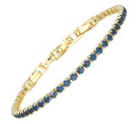 RIZILIA Not-Your-Basic Minimalist Tennis Bracelet for Women with 3mm Round Brilliant Cut CZ Simulated Blue Sapphire in 14K Yellow Gold Plated, 16.5cm Base +1.5/2.5cm Extenders to 18-19cm, Gift Boxed