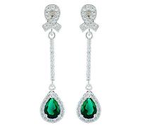 [RIZILIA TEARDROP] Dangle Pierced Earrings with Pear Cut Gemstones CZ [Green Emerald] in 18K White Gold Plated, Simple Modern Elegance