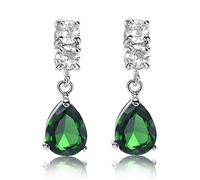 [RIZILIA TEARDROP] Dangle Pierced Earrings with Pear Cut Gemstones CZ [Green Emerald] in 18K White Gold Plated, Simple Modern Elegance