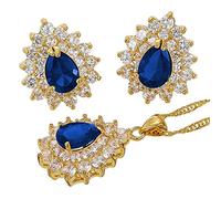 [RIZILIA TEARDROP] Jewellery Set Pendant with 18" Chain & Stud Earrings Pear Cut Gemstones CZ [Blue Sapphire] in 18K Yellow Gold Plated, Simple Modern Elegance