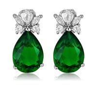 [RIZILIA TEARDROP] Stud Drop Pierced Earrings with Pear Cut Gemstones CZ [Green Emerald] in 18K White Gold Plated, Simple Modern Elegance