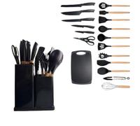 Rizonic Living 19 PCS Silicone Cooking Utensils Set with Wooden Handles - Heat Resistant, Non-Stick Kitchen Tools for Cooking, Baking, Mixing & Serving - Essential Black Cookware Utensil Set for New H