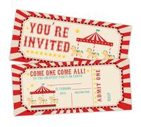 rizotus Vintage Circus Birthday Ticket Invitation, Carnival Birthday Party Invites Cards for Boys and Girls, Red Circus Ticket Invitation, Carnival Party Celebration, Set of 20 Card with Envelopes