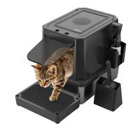 RIZZARI Enclosed Cat Litter Box - Stainless Steel, Large, Black | Clamshell Top / Anti-Tracking Pedal / Deodorizer & Spray Included / Scoop Included / for Multi-Cat Homes