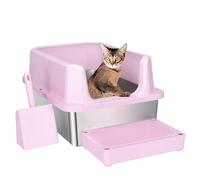 RIZZARI Stainless Steel Cat Litter Box, Anti-Leakage & Odorless, Semi-Enclosed Litter Box with Raised Edges for Small to Large Sized Cats (Pink, 23.8" L*16" W*12" H)