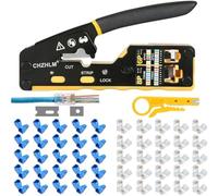RJ45 Crimp Tool Kit All-in-one Ethernet Crimping Tool Pass Through Crimper for 8P RJ45 Cat5 Cat5e Cat6 Cat6a 6P RJ11/12 Telephone Connectors with 50Pcs Connectors 50Pcs Covers Mini Yellow Stripper