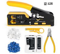 RJ45 Crimp Tool Kit, Ethernet Pass Through Crimper, Network Cat5 Cat6 Cat7 Crimping Tool Repair Kit Includes Cable Tester, Mini Stripper, Blades, 50Pcs Connectors and Strain Relief Boots