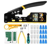 RJ45 Crimp Tool Kit Pass Through Ethernet Crimper with Cable Tester, Wire Stripper Cutter, for Cat5 Cat5e Cat6 Cat6a, RJ11 RJ12 Telephone Connectors, 50Pcs Plugs & Covers