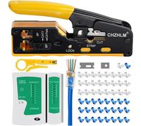 Rj45 Crimp Tool Pass Through Ethernet Crimping Kit for 8P-Cat7 Cat6 Cat5 6P Telephone Connector Network Crimping With Cable Tester Covers Connectors Mini Yellow Stripper