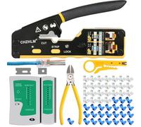 RJ45 Crimping Tool Kit Rj45 Crimper Stripper Cutter All-in-One Pass Through Crimper for 8P RJ45 Cat5 Cat5e Cat6 Cat6a 6P RJ11/12 Telephone Connectors with 50Pcs Connectors 50Pcs Covers Mini Stripper