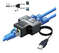 RJ45 Network Splitter Adapter,Wuedozue 1 to 2 Dual Female USB to RJ45 Port with USB Power Cable LAN Interface Ethernet Socket Connector 8P8C Extender Plug Go Online Simultaneously for Cat6, Cat7