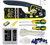 RJ45 Pass Through Crimp Tool Kit, Network Cable Tester for CAT6 Cat5e Cat5 Connectors with 100Pcs Cable Ties, Screwdriver, Wire Stripping Knife, Ethernet Crimper Kit