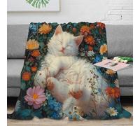 RJAVAGFZL 3D Printed Cute white cat Throw Blanket Microfiber Ultra Soft Warm Bedding Floral garden scene Lounge Throw for Birthday Anniversary Holiday Celebrations 70×80inch(180x200cm)