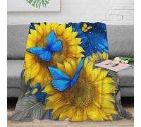 RJAVAGFZL 3D Printed Sunflower art Fluffy Blanket Microfiber Ultra Soft Warm Bedding Blue butterfly design Bed Throw Wrinkle Resistant for Dorm Dwellers University Students Teens 60x80inch(150x200cm)