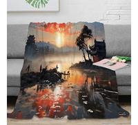 RJAVAGFZL 3D Printed Sunset landscape Cozy Throw Blanket Microfiber Warm Soft Bedding Cosy Chinese traditional Bed Blanket Anti Static No Shedding for Men Women Couples 50x60inch(127x152cm)