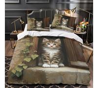 RJAVAGFZL Cute kitten peeking 3D Printed 3 PCS Comforter Cover Rustic cottage scene Duvet Cover Set 3D Print Soft Microfiber Zipper Closure for Kids Teens Men Women King（220x240cm）