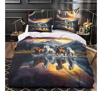 RJAVAGFZL Wild horses galloping 3D Printed 3 Piece Set Comforter Cover Mountain sunset scene Duvet Cover Anti Allergy Microfiber Invisible Zipper Non-Allergenic for Teens Adults Double（200x200cm）