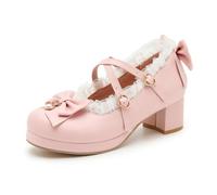 Rjclyh Women's Kawaii Mary Jane Platform Heels, Bow Chunky Pumps | 1.97" Low Heel,0.6" Platform,Round Toe,Double Cross Strap,Kawaii Cute Lace Pumps for Cosplay,Wedding,Prom Party Dress Shoes