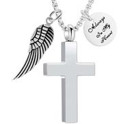 RJCMJDEU Cross Urn Ashes Necklace for Women Men Human Cremation Jewelry for Loved Ones Memorial Angel Wing Ash Pendant - Always in My Heart, Stainless Steel, No Gemstone