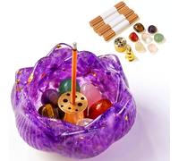 RJINGSHI Amethyst Crystal Lotus Incense Burner Holder, Resin Lotus Figurine with Mini Ash Catcher and 40 Sticks, Spiritual Gifts for Zen Meditation and Yoga, Aesthetic Bedroom and Desk Ornaments