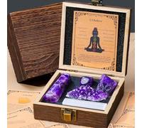 RJINGSHI Amethyst Crystal Set - Natural Healing Crystals in Exquisite Wooden Box with Selenite Stick for Meditation, Chakra Balancing, Enhance Spirituality, Yoga, Ideal Gift for Crystal Enthusiasts